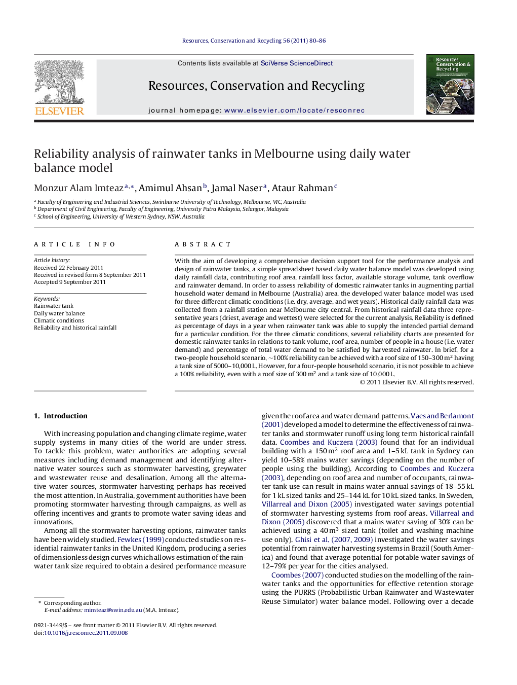 Reliability analysis of rainwater tanks in Melbourne using daily water balance model