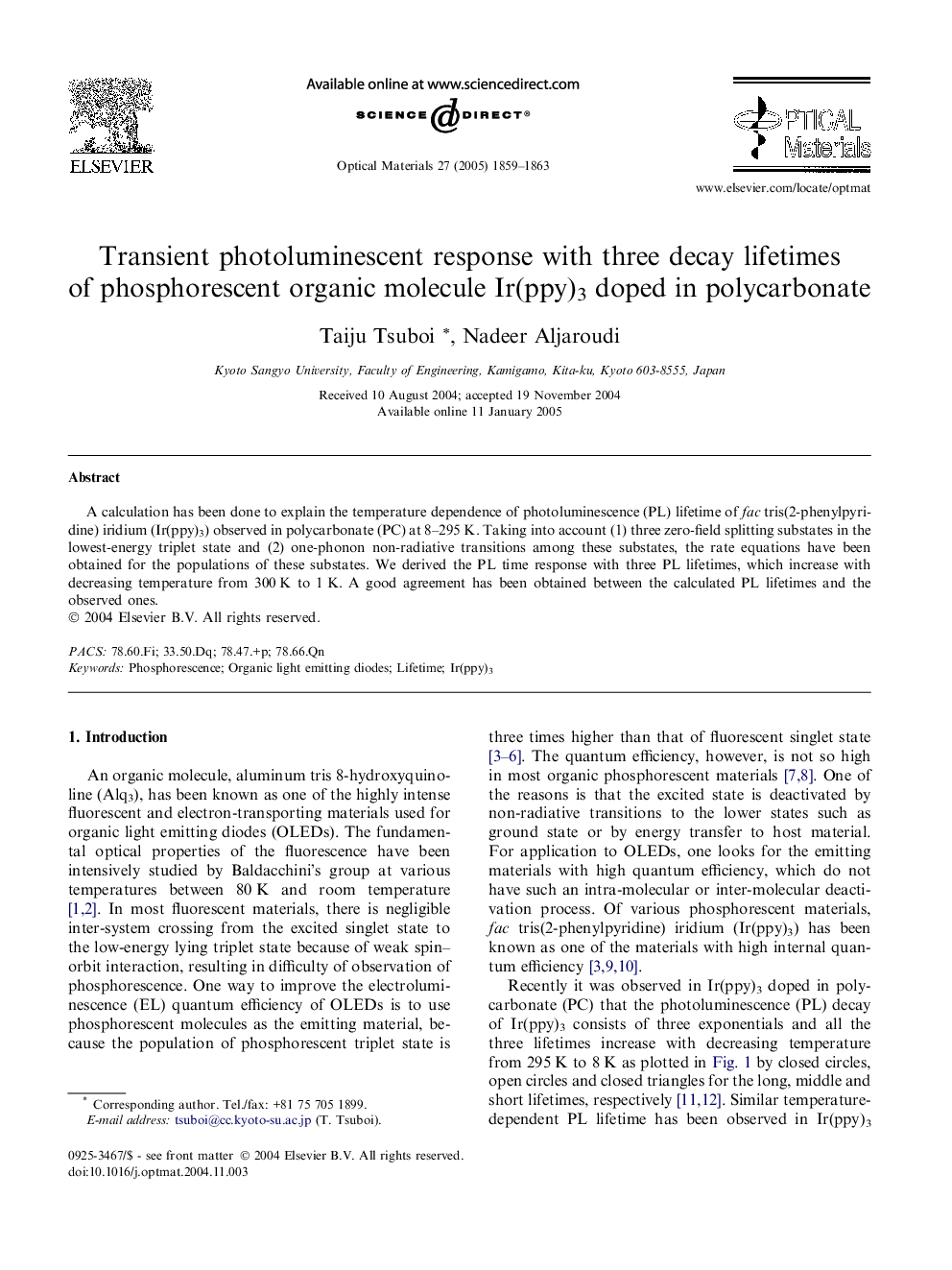 Transient photoluminescent response with three decay lifetimes of phosphorescent organic molecule Ir(ppy)3 doped in polycarbonate