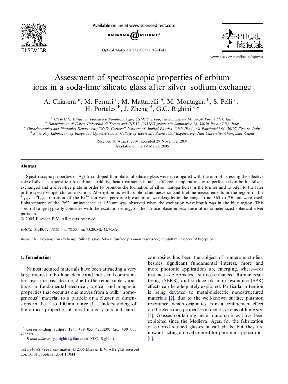 Assessment of spectroscopic properties of erbium ions in a soda-lime silicate glass after silver-sodium exchange