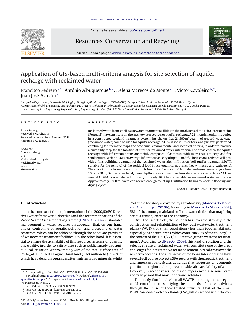 Application of GIS-based multi-criteria analysis for site selection of aquifer recharge with reclaimed water