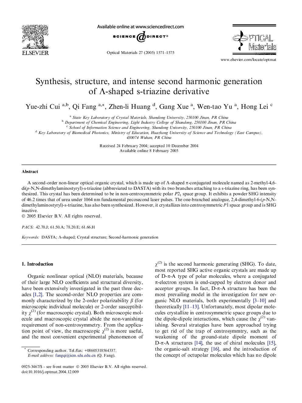 Synthesis, structure, and intense second harmonic generation of Î-shaped s-triazine derivative