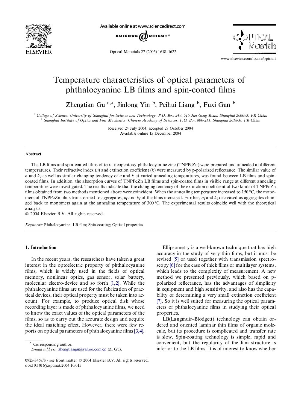 Temperature characteristics of optical parameters of phthalocyanine LB films and spin-coated films