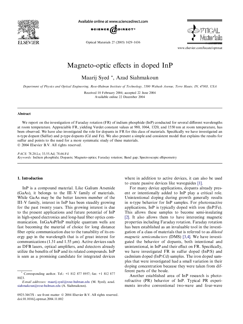 Magneto-optic effects in doped InP