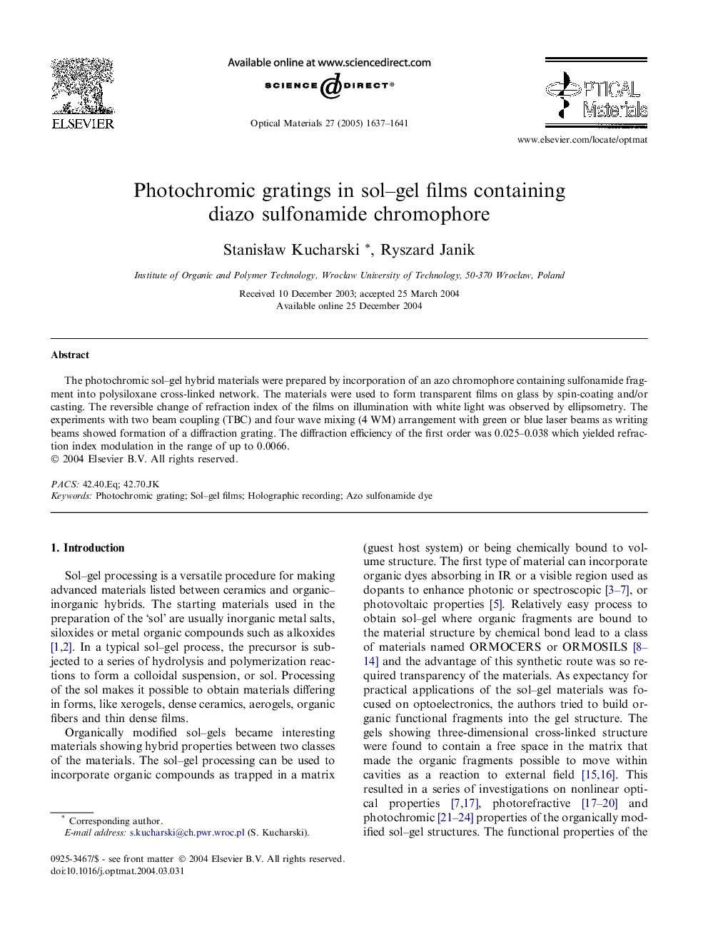 Photochromic gratings in sol-gel films containing diazo sulfonamide chromophore