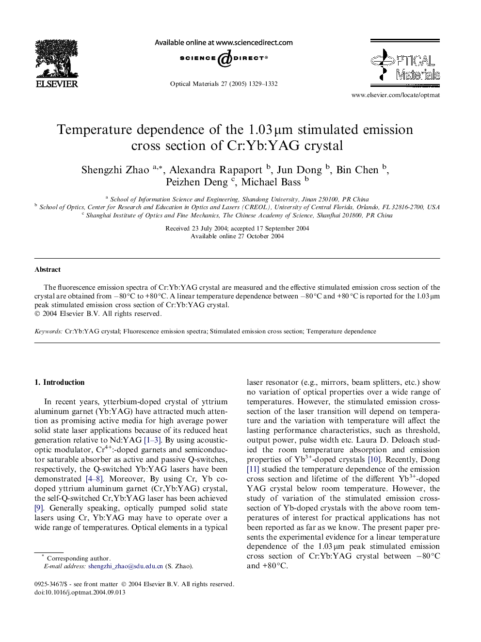 Temperature dependence of the 1.03Â Î¼m stimulated emission cross section of Cr:Yb:YAG crystal