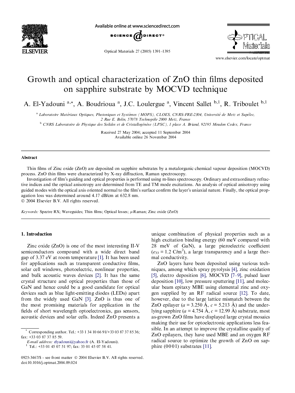 Growth and optical characterization of ZnO thin films deposited on sapphire substrate by MOCVD technique
