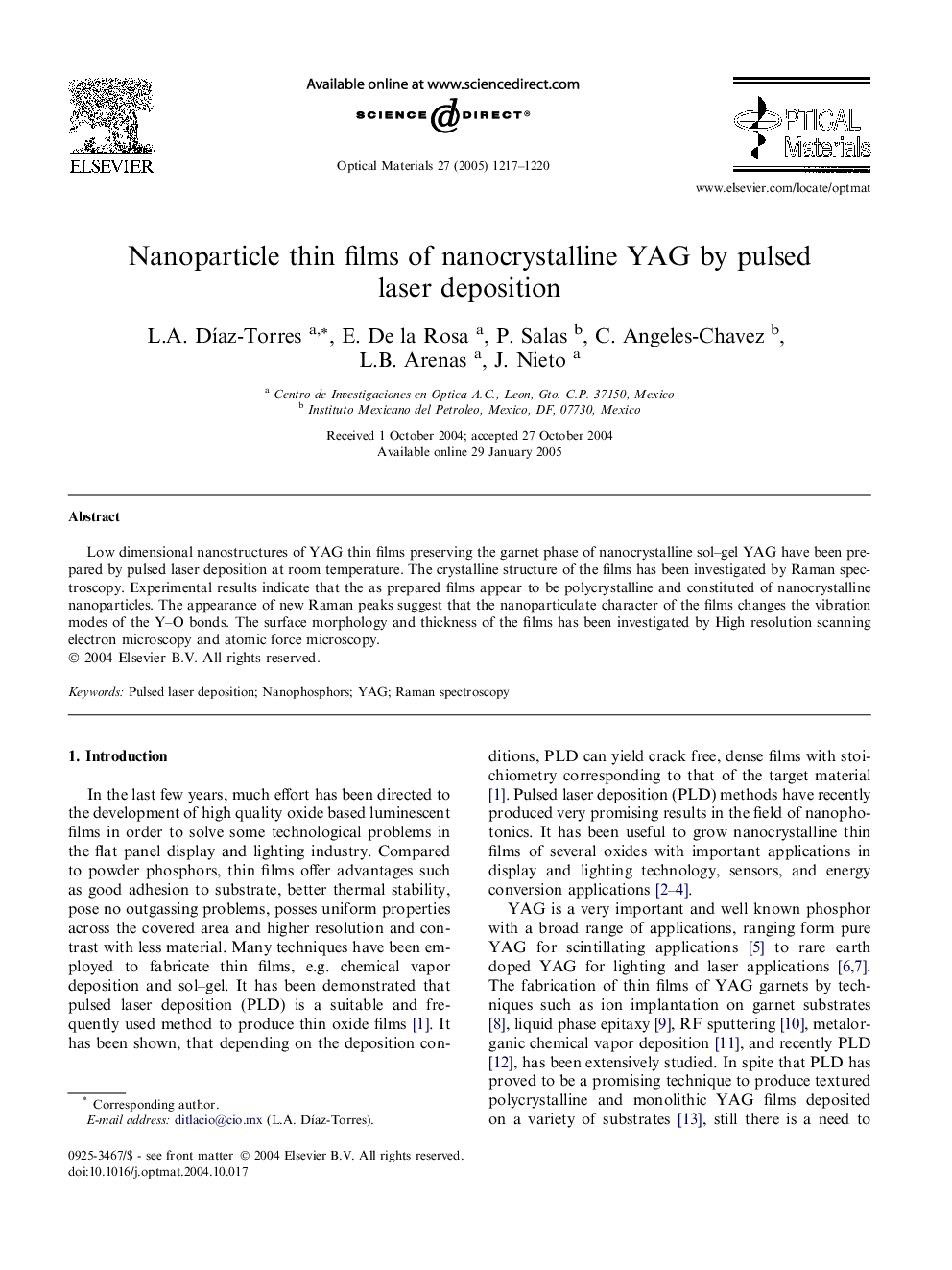 Nanoparticle thin films of nanocrystalline YAG by pulsed laser deposition