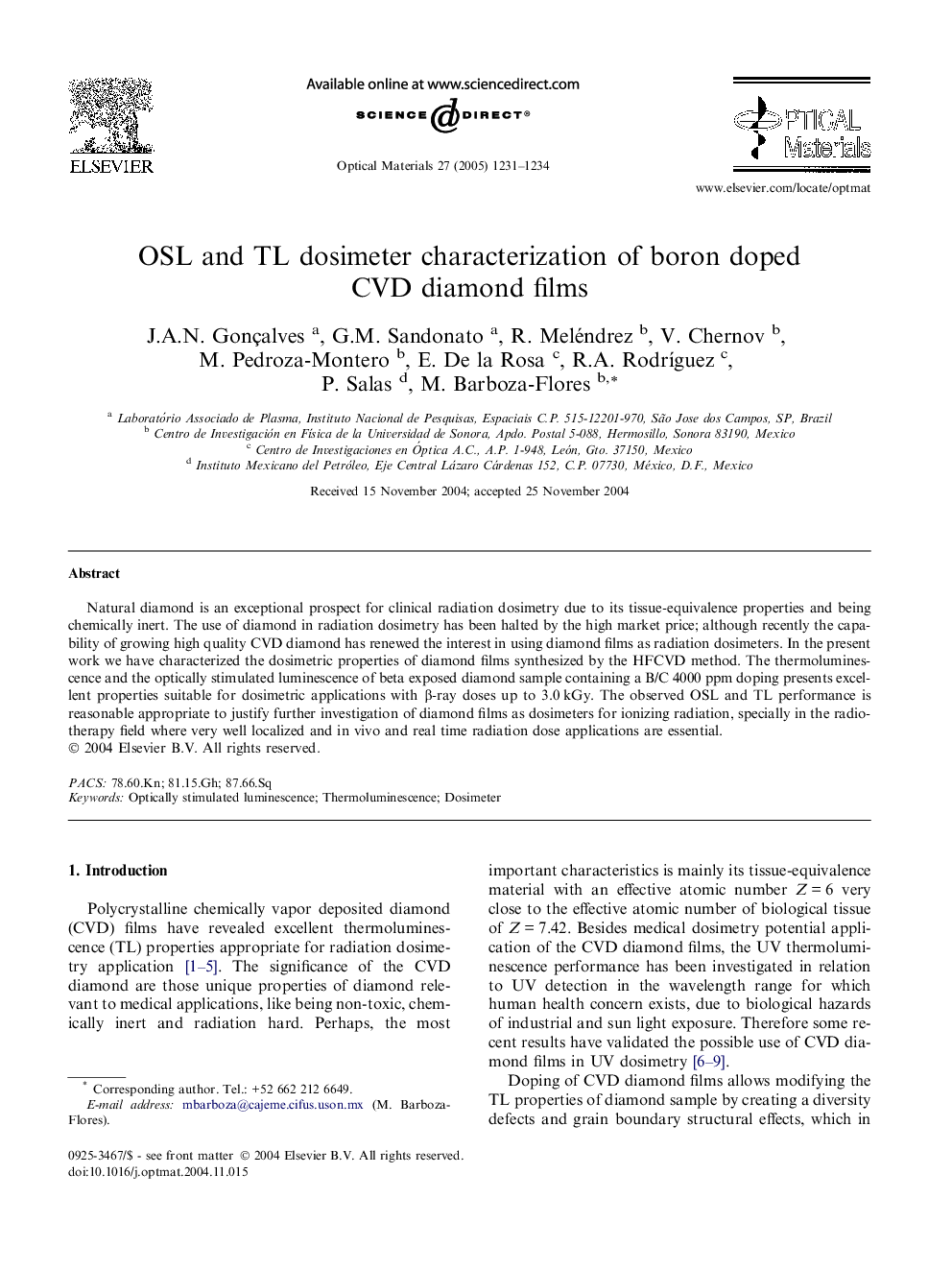 OSL and TL dosimeter characterization of boron doped CVD diamond films