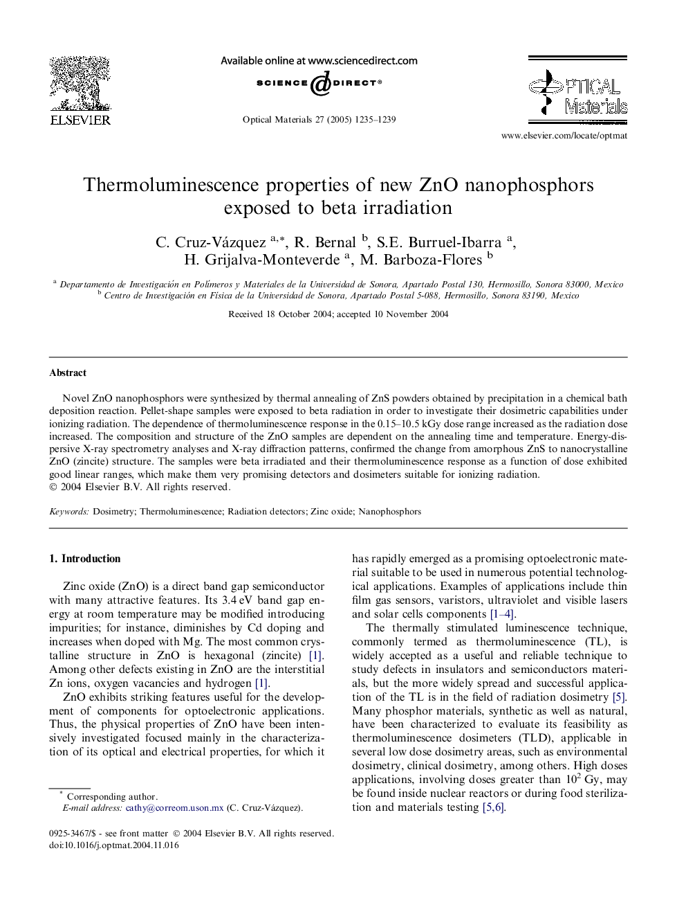 Thermoluminescence properties of new ZnO nanophosphors exposed to beta irradiation