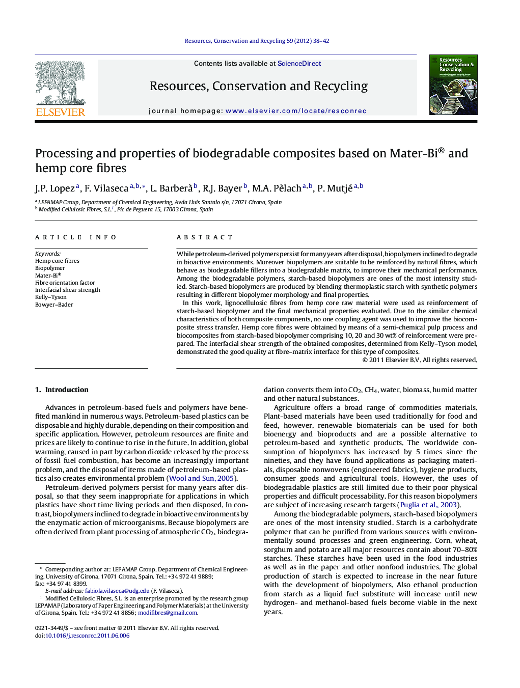 Processing and properties of biodegradable composites based on Mater-Bi® and hemp core fibres