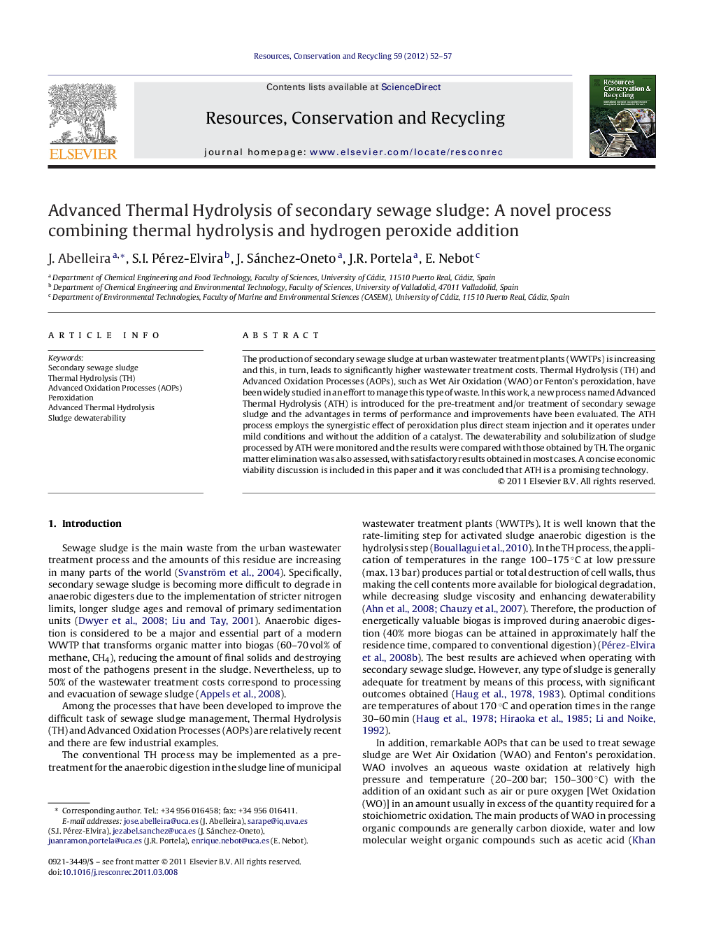 Advanced Thermal Hydrolysis of secondary sewage sludge: A novel process combining thermal hydrolysis and hydrogen peroxide addition