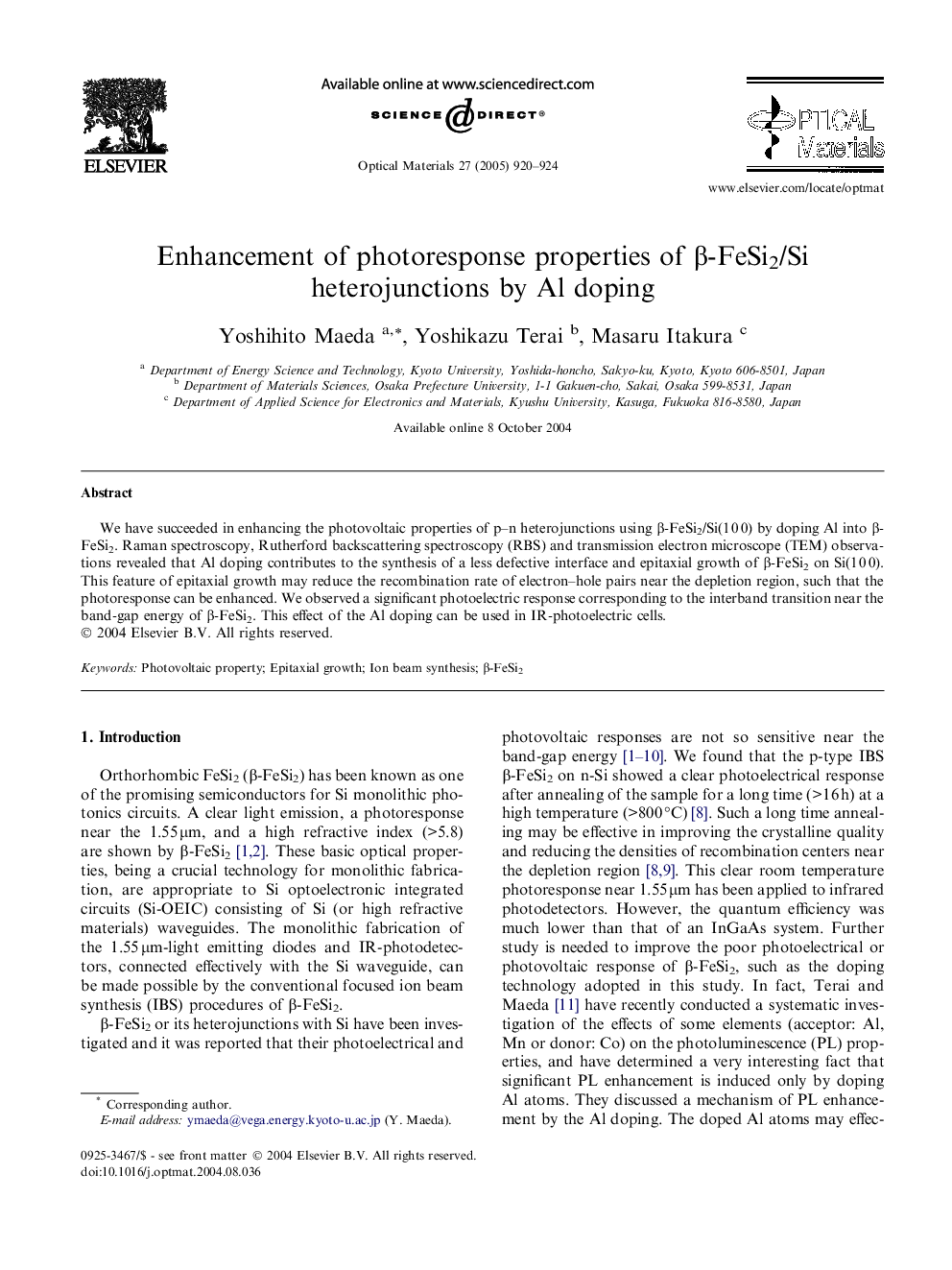 Enhancement of photoresponse properties of Î²-FeSi2/Si heterojunctions by Al doping