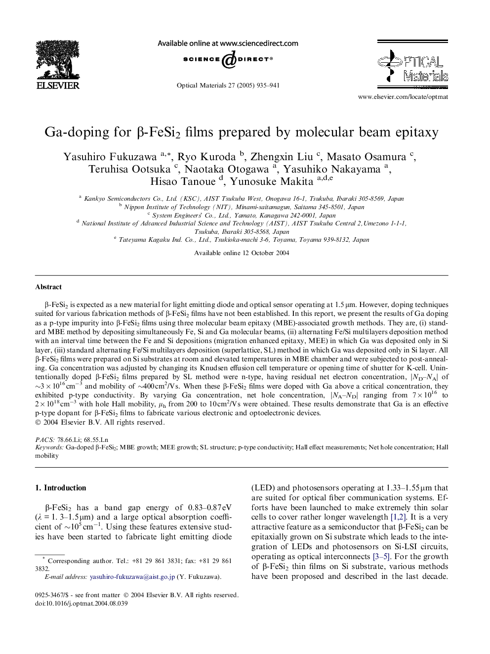 Ga-doping for Î²-FeSi2 films prepared by molecular beam epitaxy