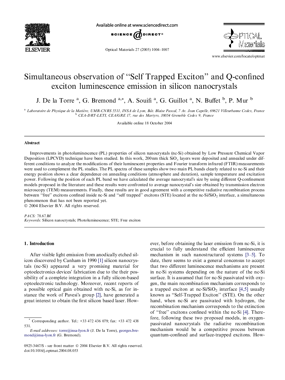 Simultaneous observation of “Self Trapped Exciton” and Q-confined exciton luminescence emission in silicon nanocrystals