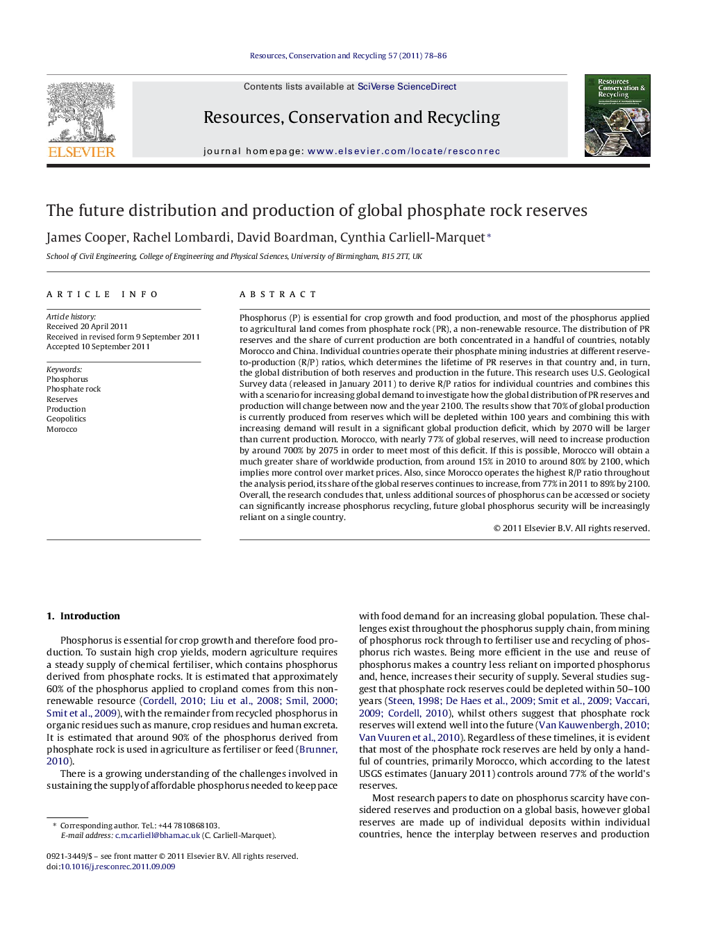 The future distribution and production of global phosphate rock reserves