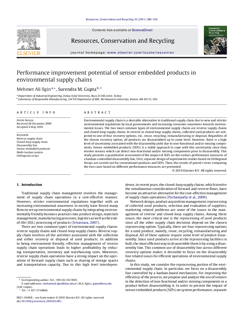 Performance improvement potential of sensor embedded products in environmental supply chains