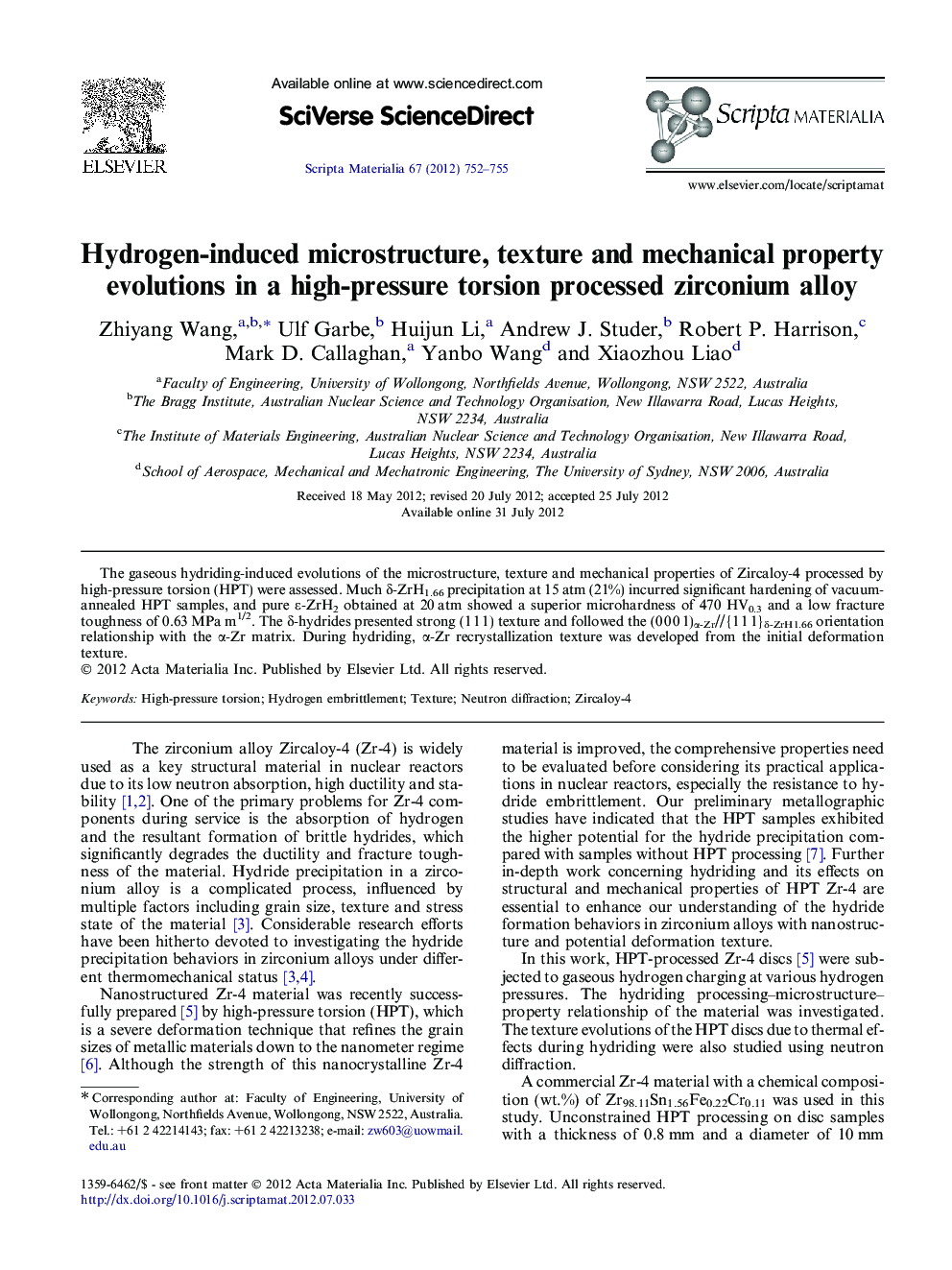 Hydrogen-induced microstructure, texture and mechanical property evolutions in a high-pressure torsion processed zirconium alloy