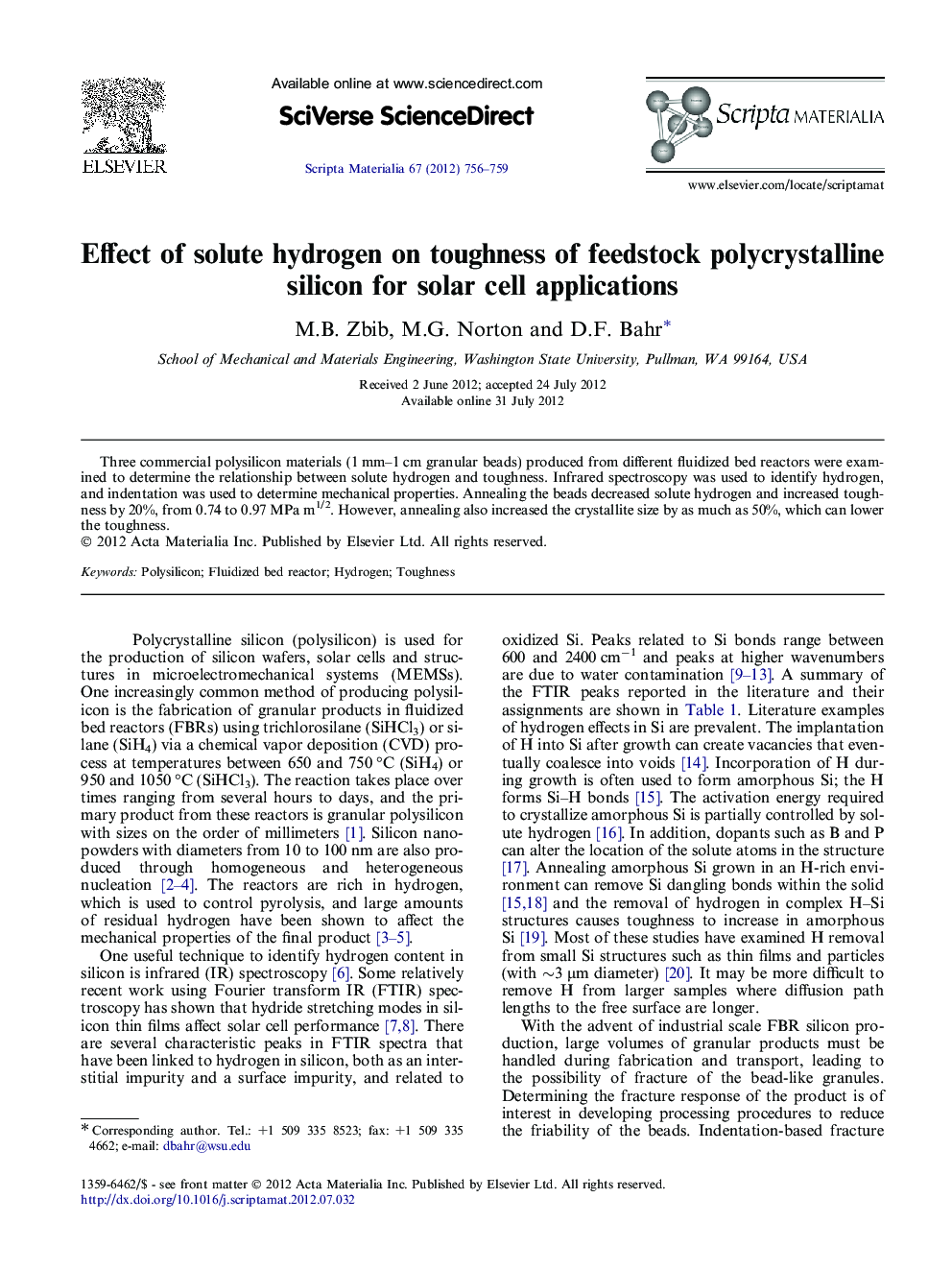 Effect of solute hydrogen on toughness of feedstock polycrystalline silicon for solar cell applications