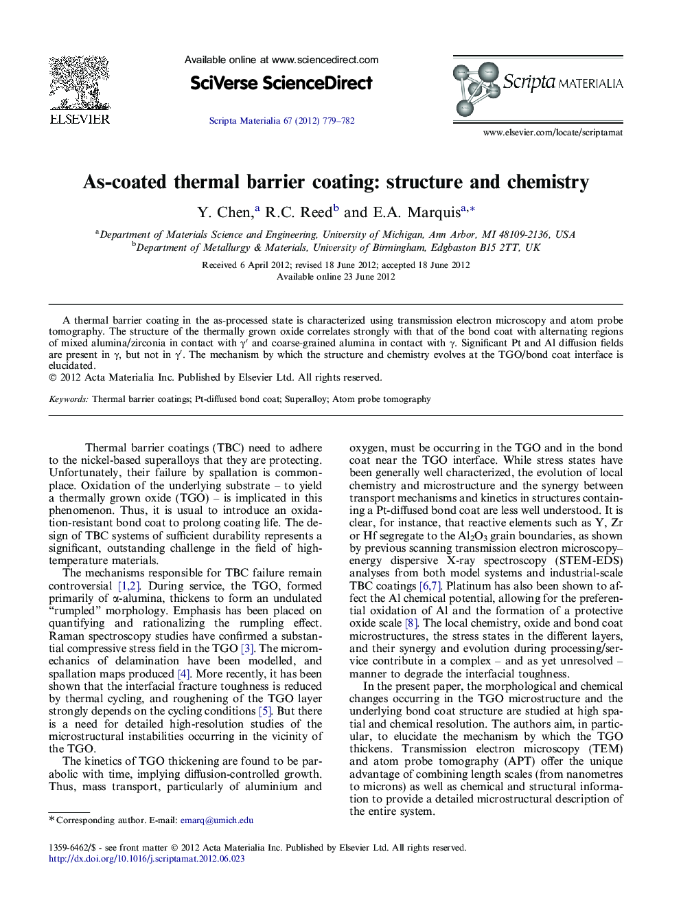 As-coated thermal barrier coating: structure and chemistry