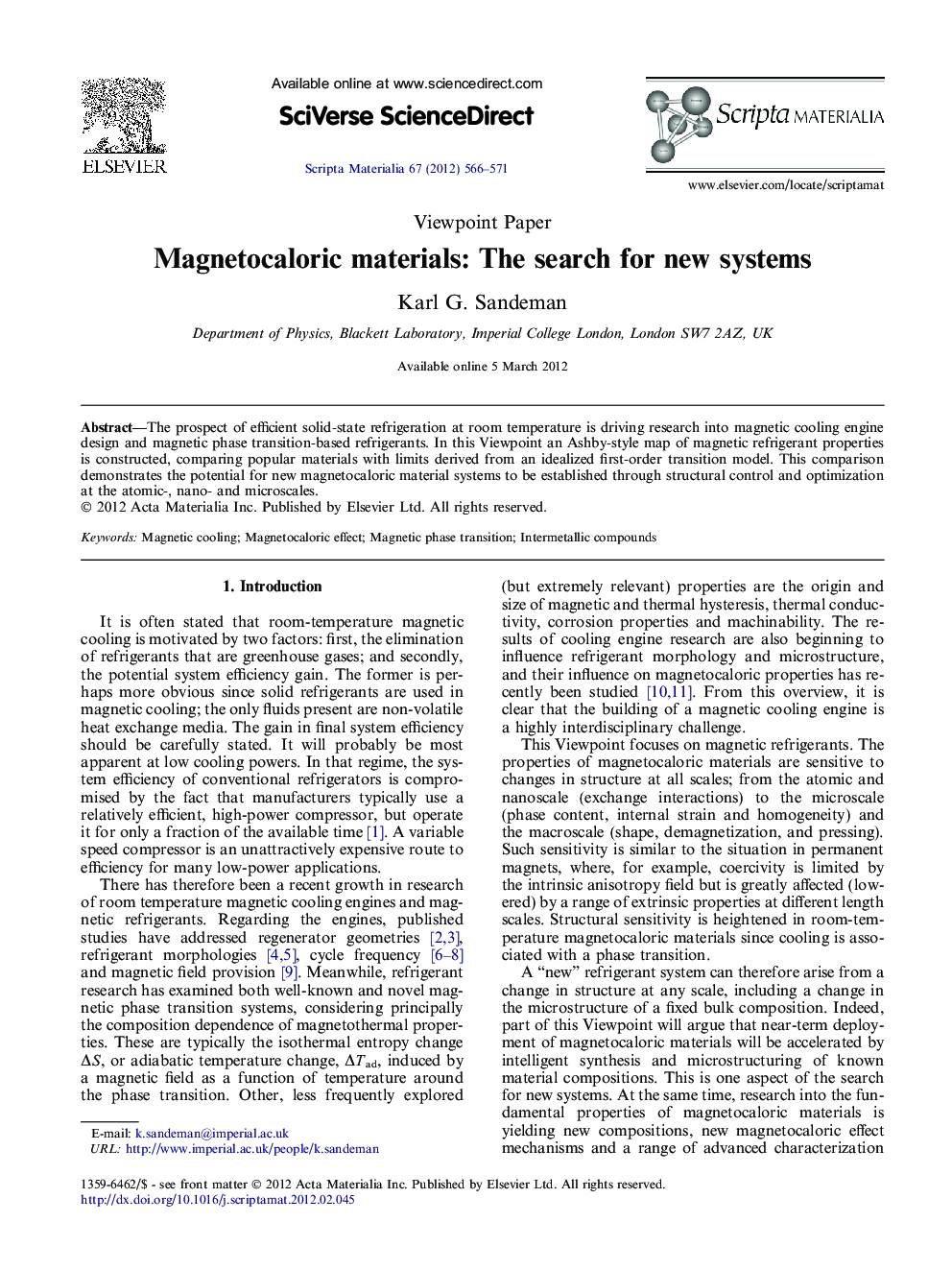 Magnetocaloric materials: The search for new systems