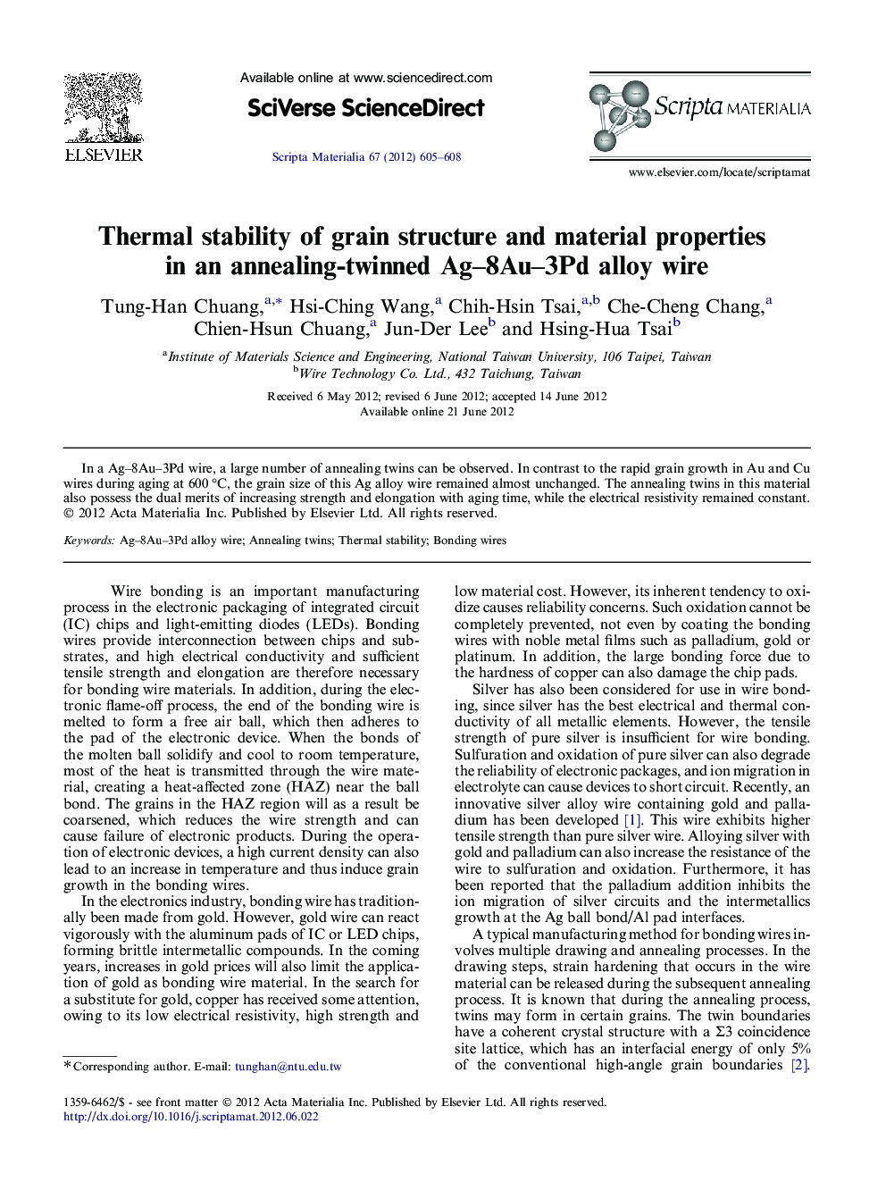 Thermal stability of grain structure and material properties in an annealing-twinned Ag-8Au-3Pd alloy wire