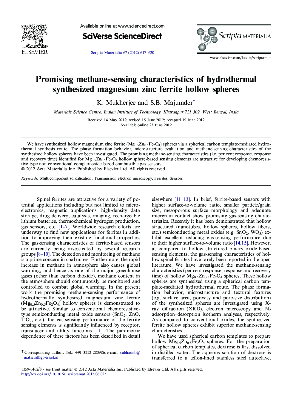 Promising methane-sensing characteristics of hydrothermal synthesized magnesium zinc ferrite hollow spheres