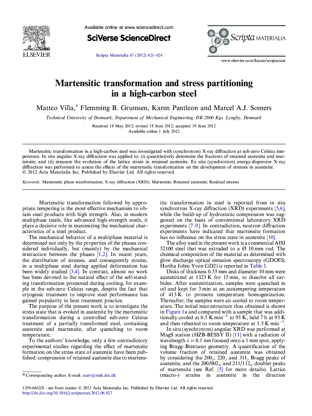 Martensitic transformation and stress partitioning in a high-carbon steel