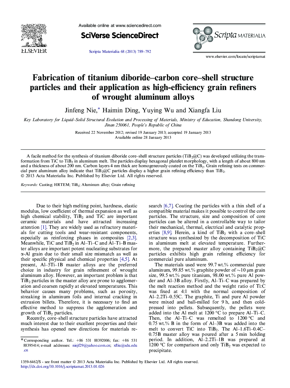 Fabrication of titanium diboride-carbon core-shell structure particles and their application as high-efficiency grain refiners of wrought aluminum alloys