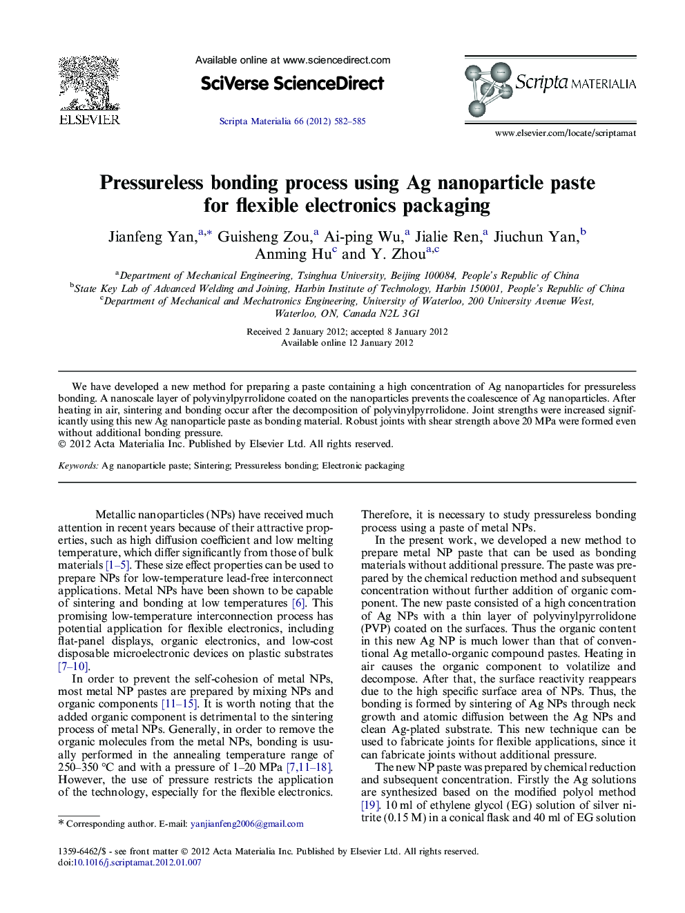 Pressureless bonding process using Ag nanoparticle paste for flexible electronics packaging