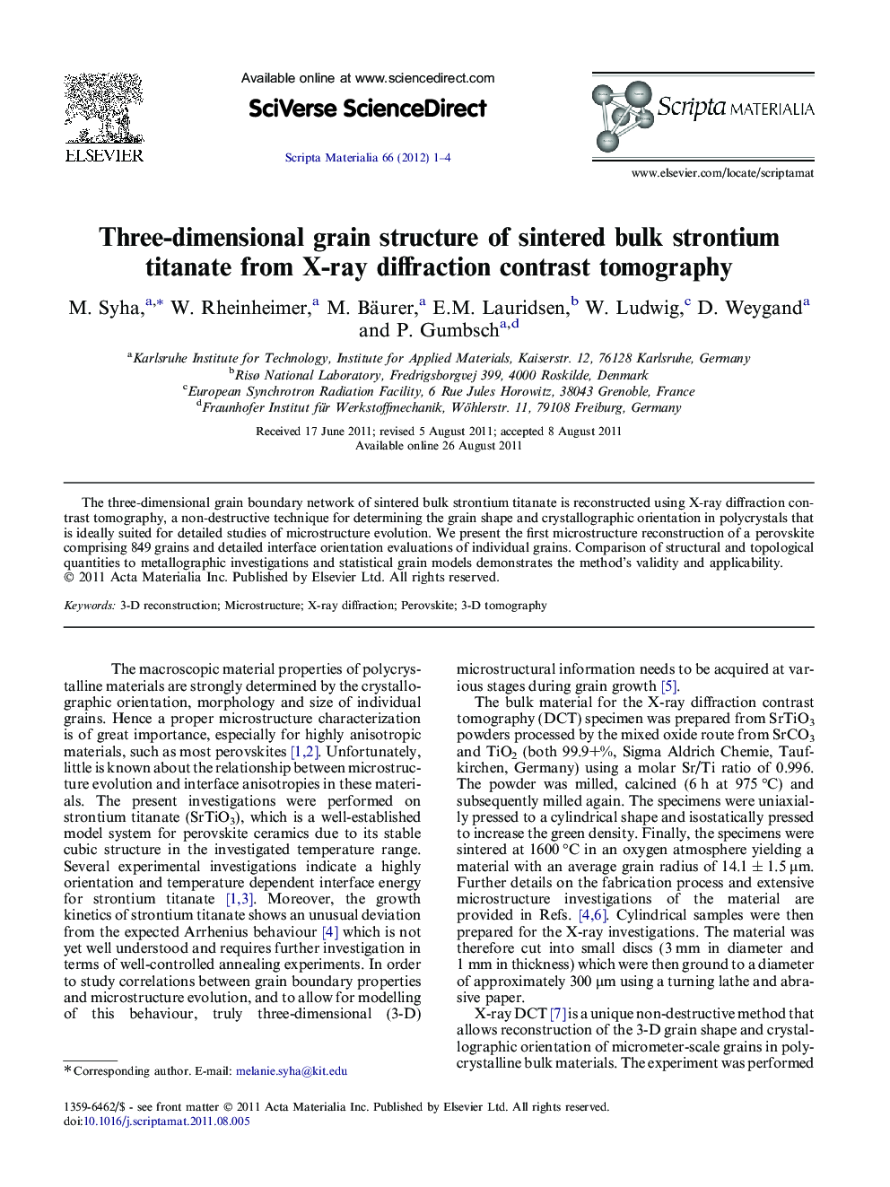 Three-dimensional grain structure of sintered bulk strontium titanate from X-ray diffraction contrast tomography