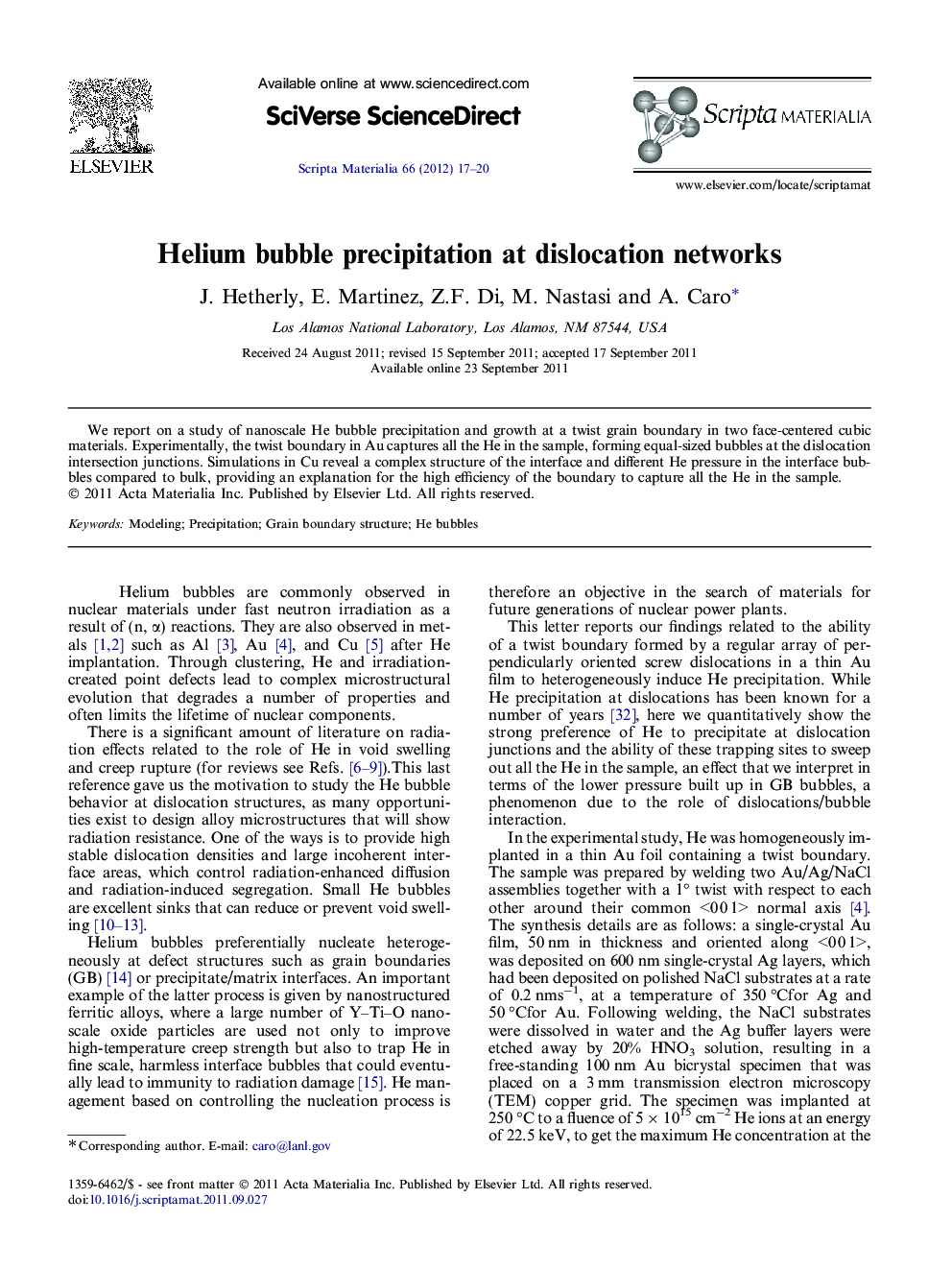 Helium bubble precipitation at dislocation networks