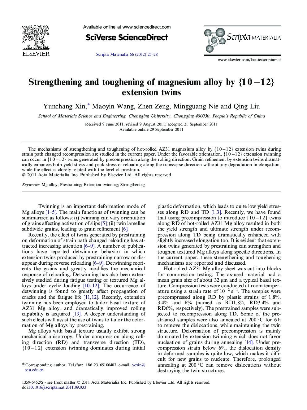 Strengthening and toughening of magnesium alloy by {1Â 0Â â1Â 2} extension twins