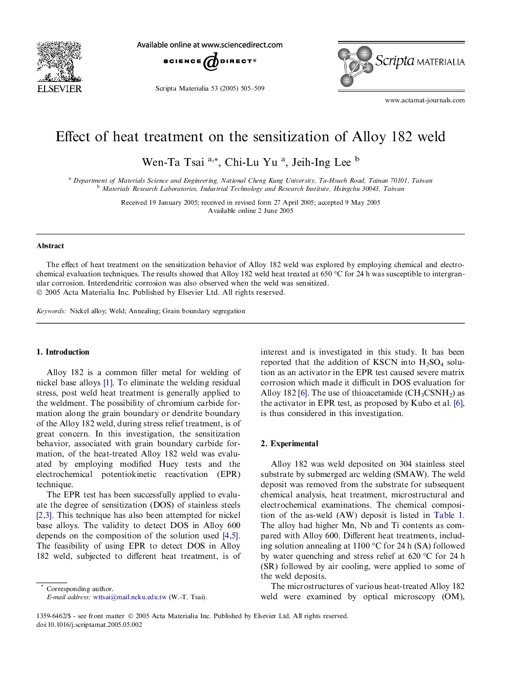 Effect of heat treatment on the sensitization of Alloy 182 weld