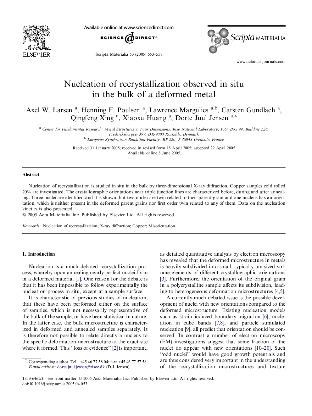 Nucleation of recrystallization observed in situ in the bulk of a deformed metal