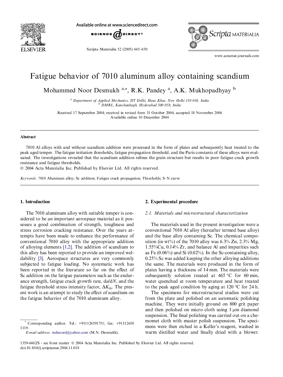 Fatigue behavior of 7010 aluminum alloy containing scandium