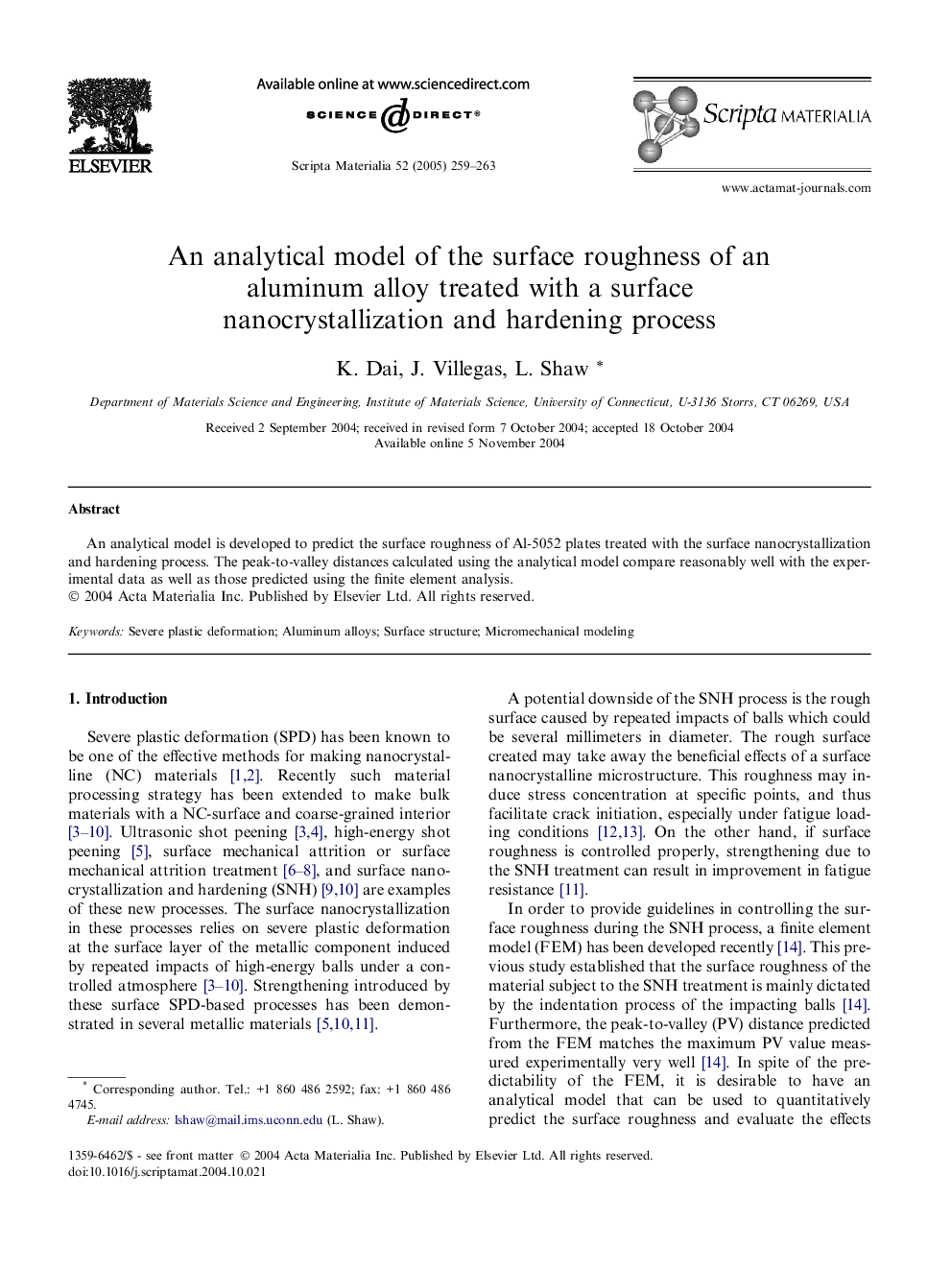 An analytical model of the surface roughness of an aluminum alloy treated with a surface nanocrystallization and hardening process