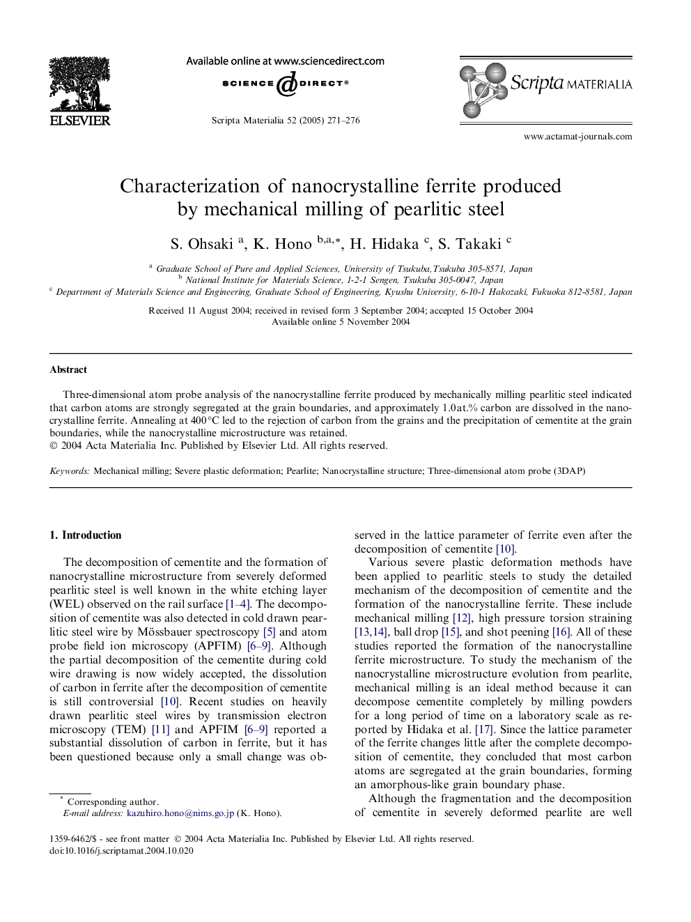 Characterization of nanocrystalline ferrite produced by mechanical milling of pearlitic steel