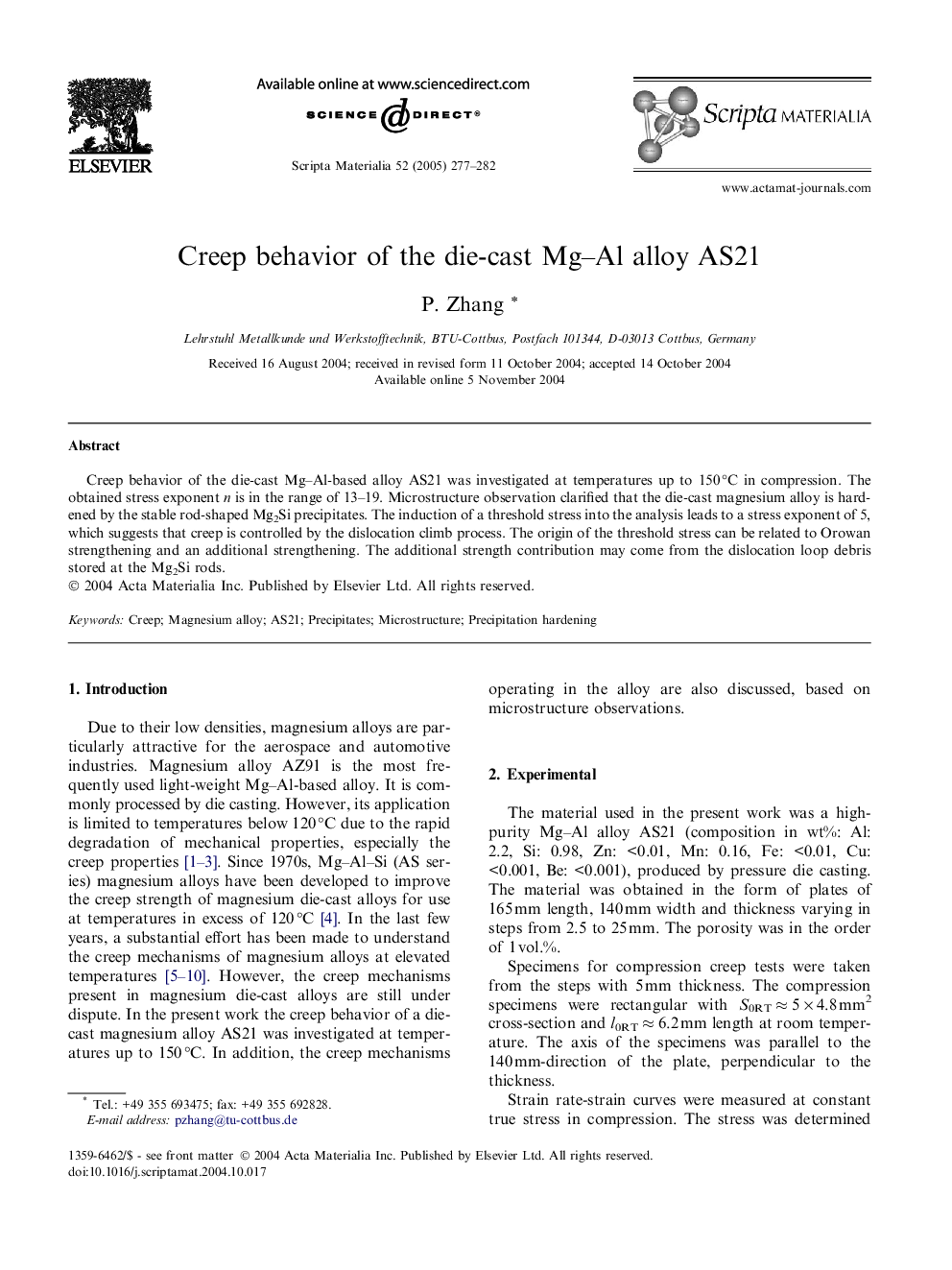 Creep behavior of the die-cast Mg-Al alloy AS21