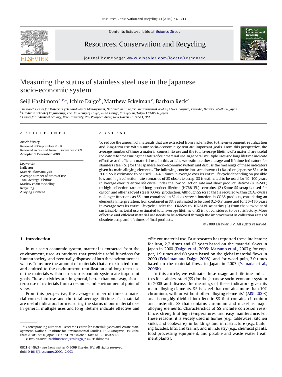 Measuring the status of stainless steel use in the Japanese socio-economic system