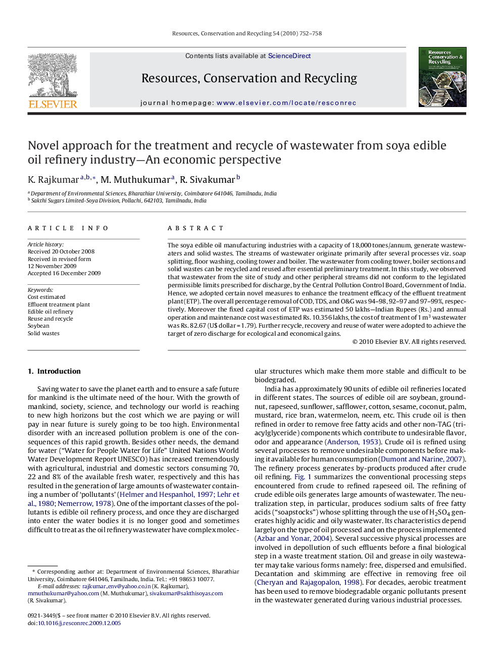 Novel approach for the treatment and recycle of wastewater from soya edible oil refinery industry—An economic perspective