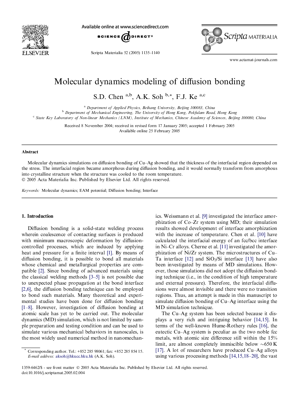 Molecular dynamics modeling of diffusion bonding