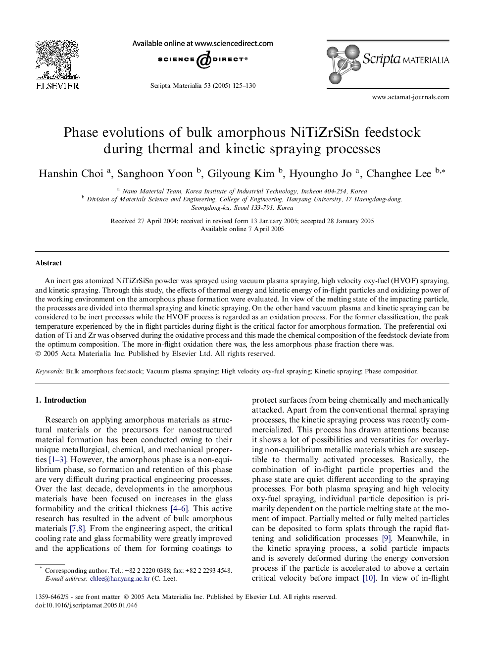 Phase evolutions of bulk amorphous NiTiZrSiSn feedstock during thermal and kinetic spraying processes