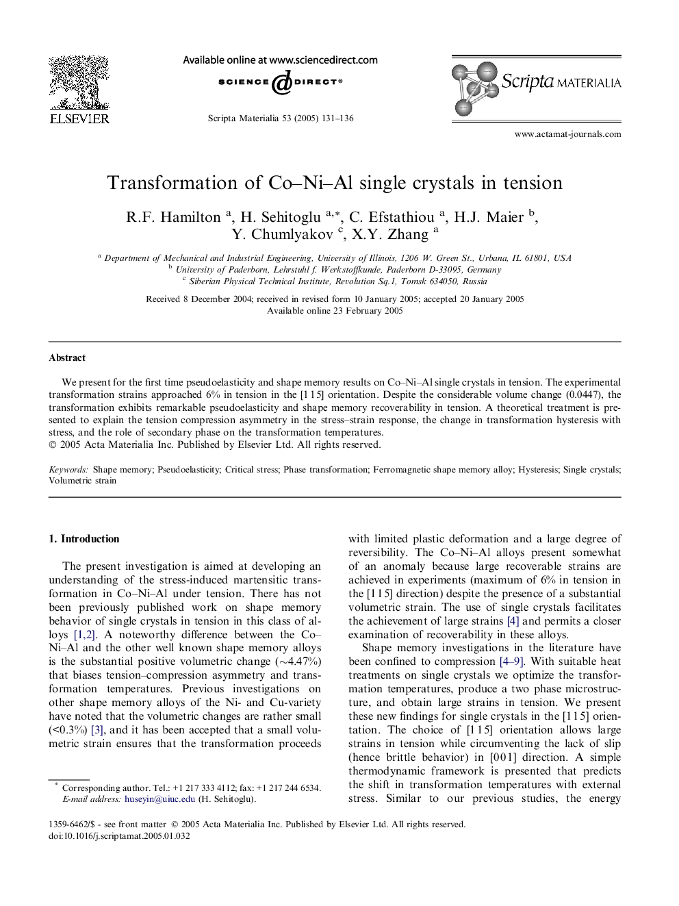 Transformation of Co-Ni-Al single crystals in tension