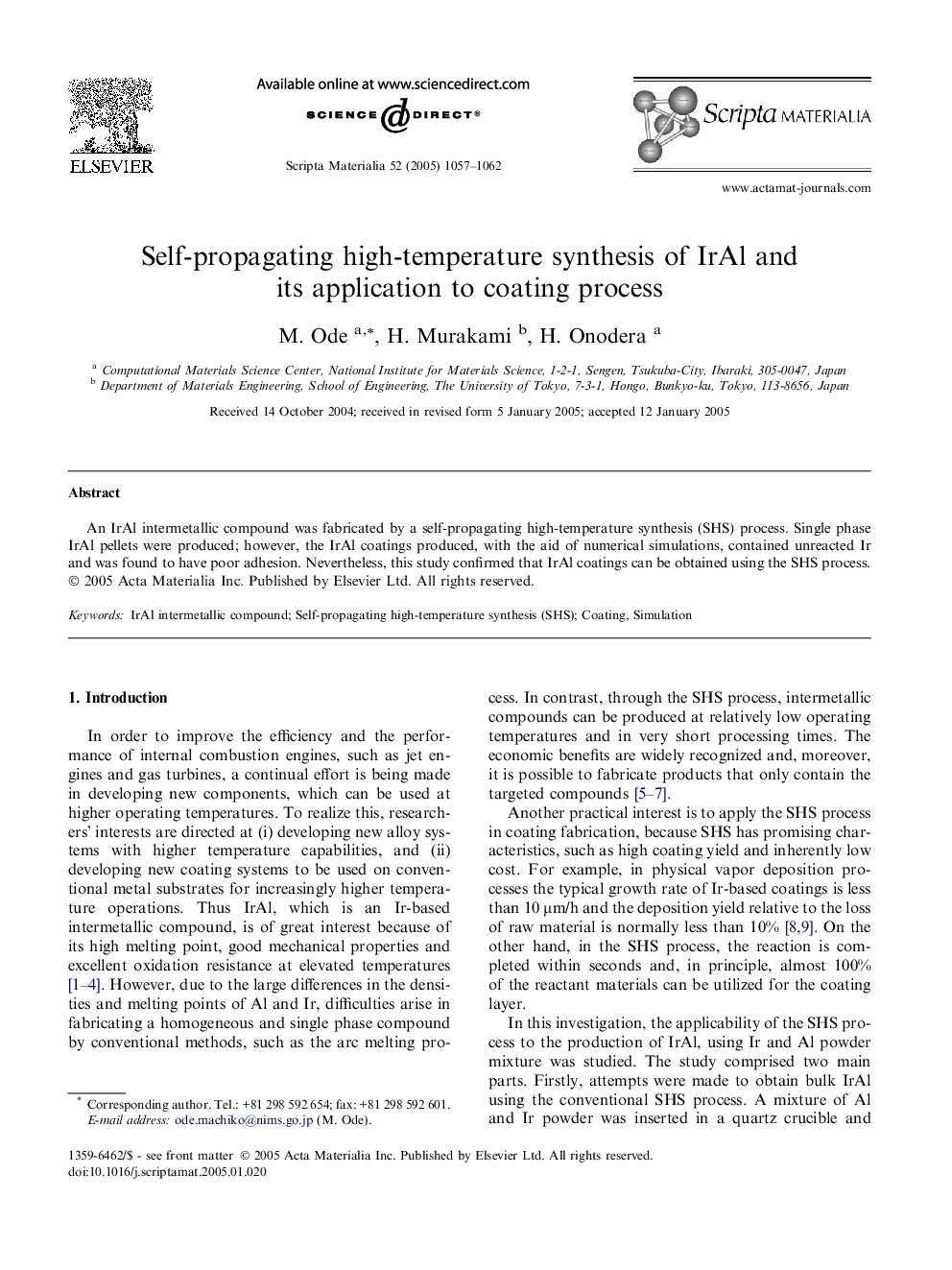 Self-propagating high-temperature synthesis of IrAl and its application to coating process