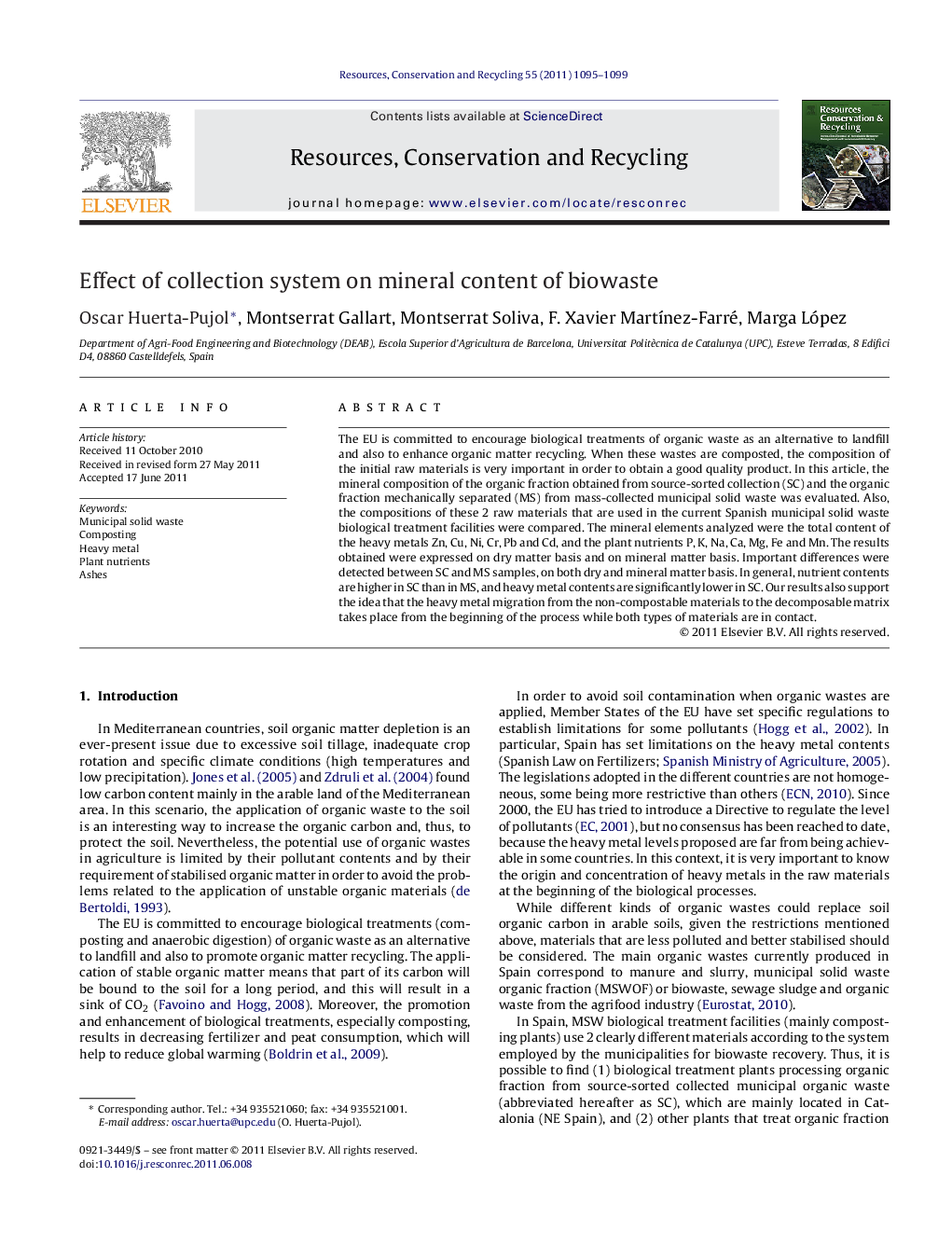 Effect of collection system on mineral content of biowaste