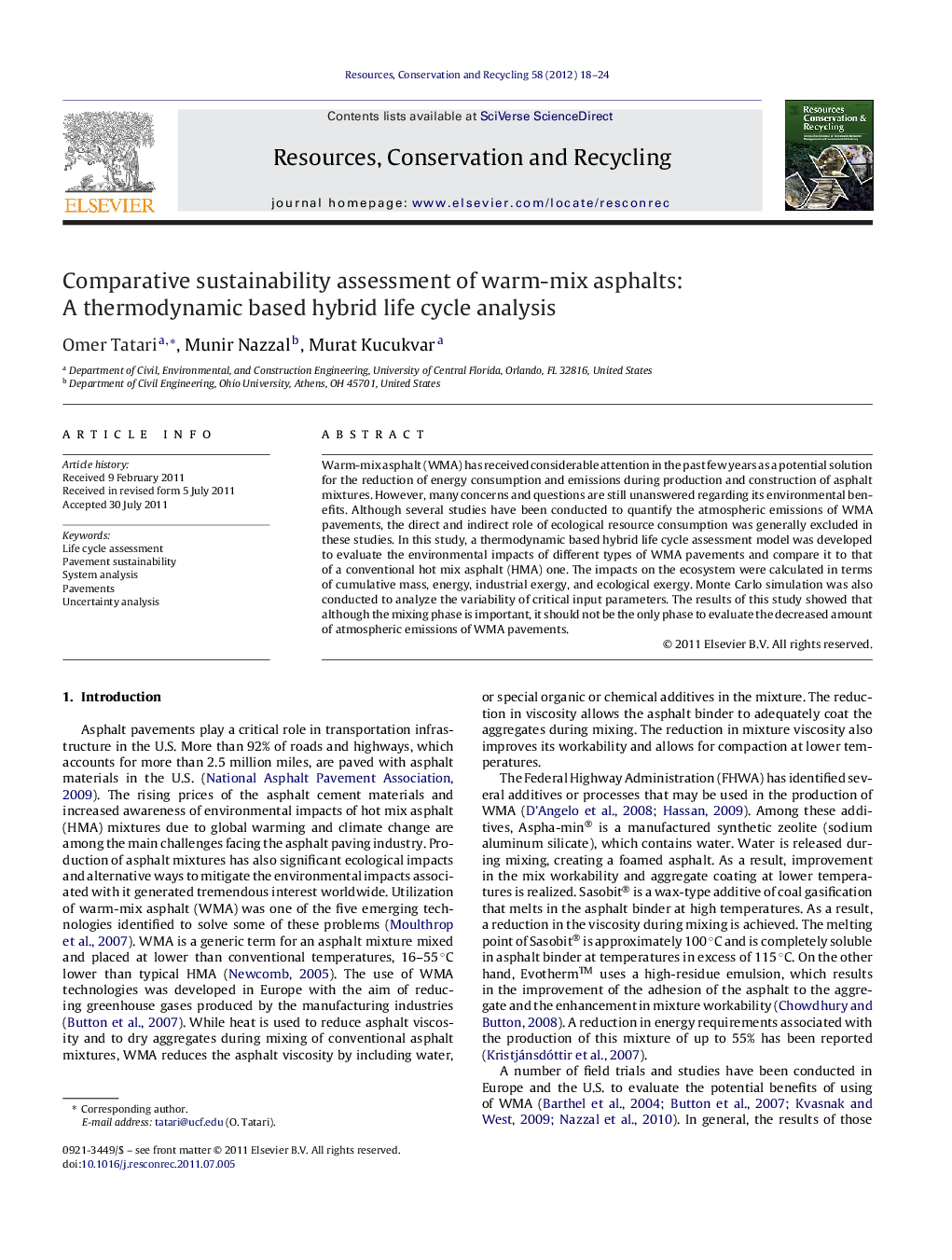 Comparative sustainability assessment of warm-mix asphalts: A thermodynamic based hybrid life cycle analysis