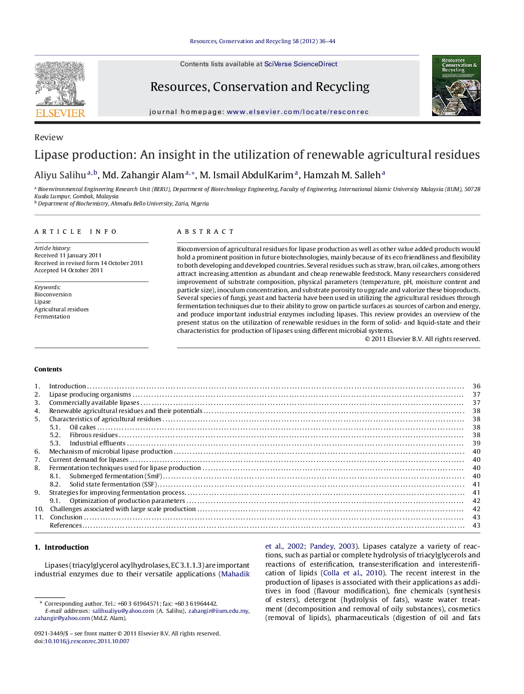 Lipase production: An insight in the utilization of renewable agricultural residues