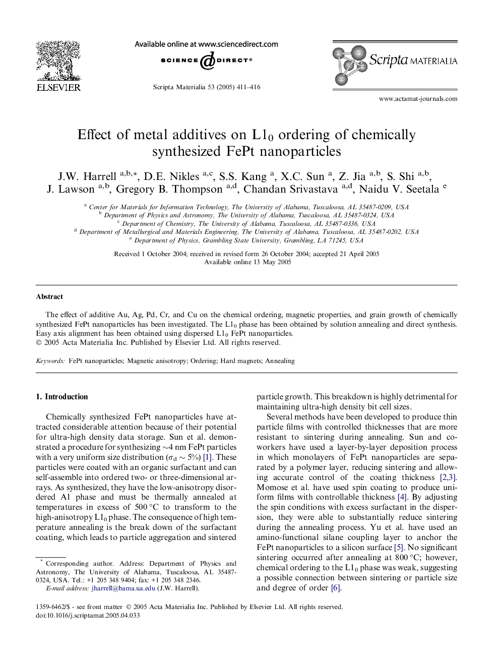 Effect of metal additives on L10 ordering of chemically synthesized FePt nanoparticles