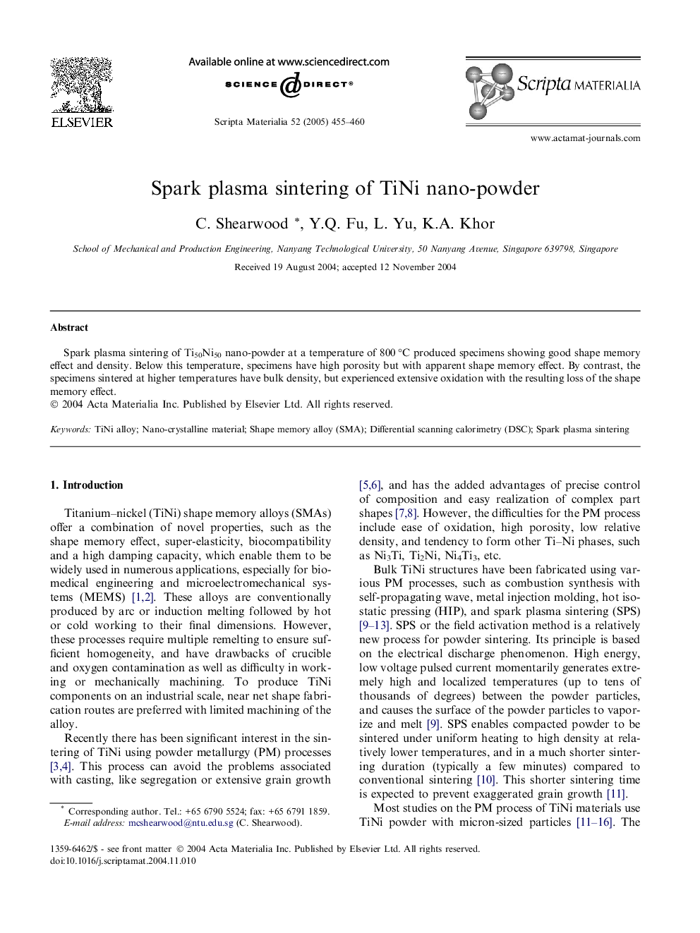 Spark plasma sintering of TiNi nano-powder