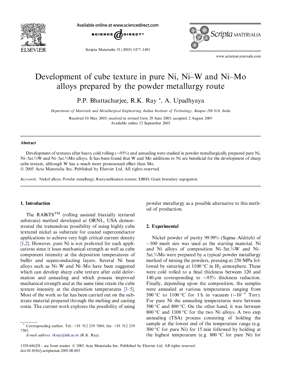 Development of cube texture in pure Ni, Ni-W and Ni-Mo alloys prepared by the powder metallurgy route